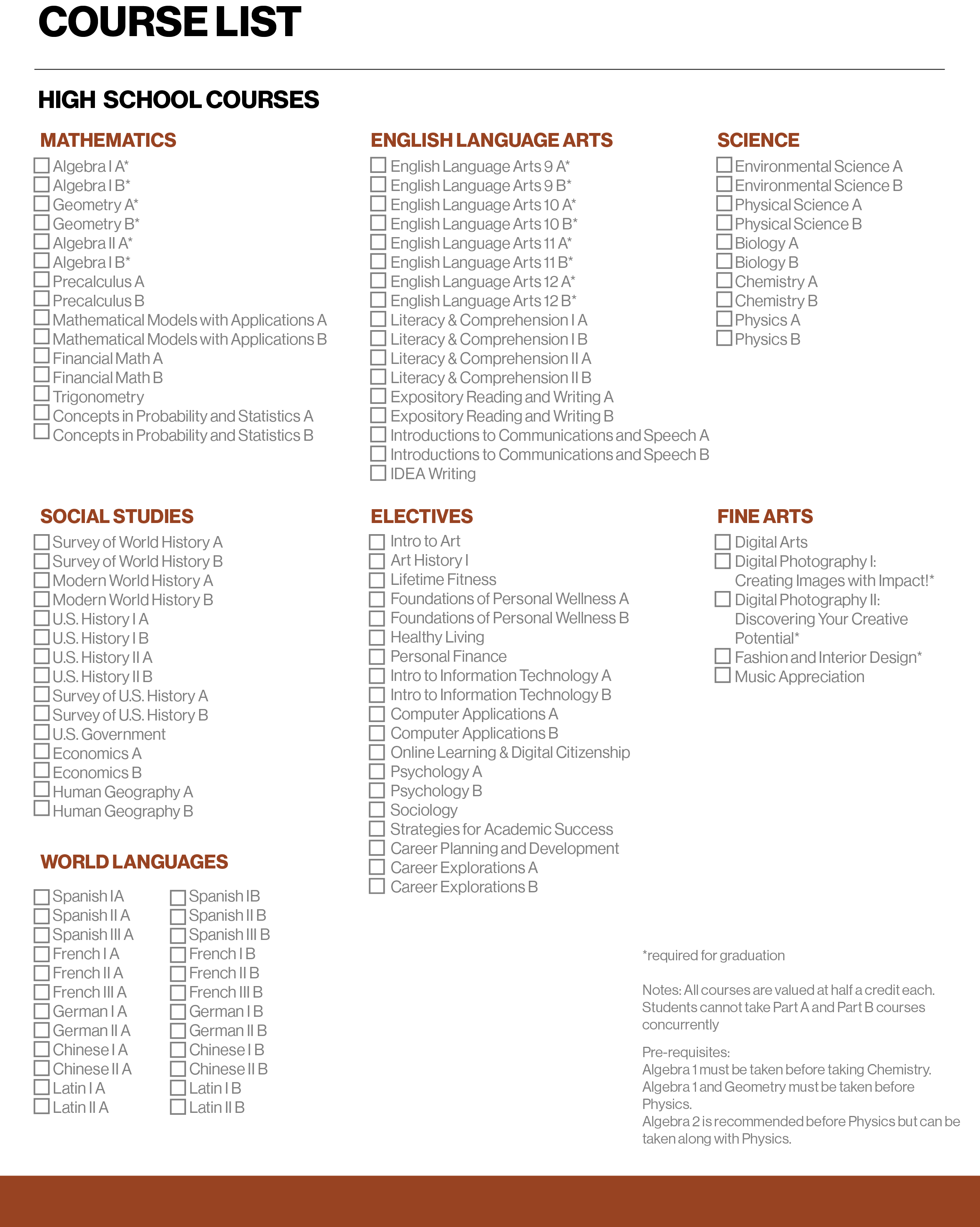 course list for park city academy